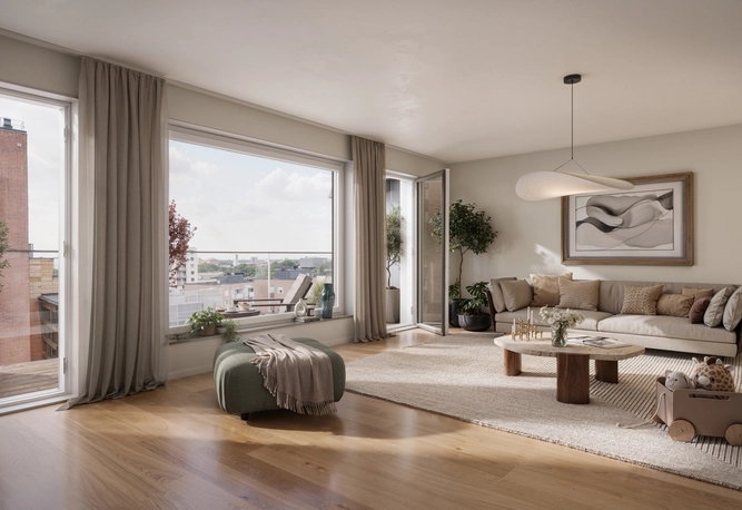 Vardagsrum med stort fönsterparti och utgång til balkong