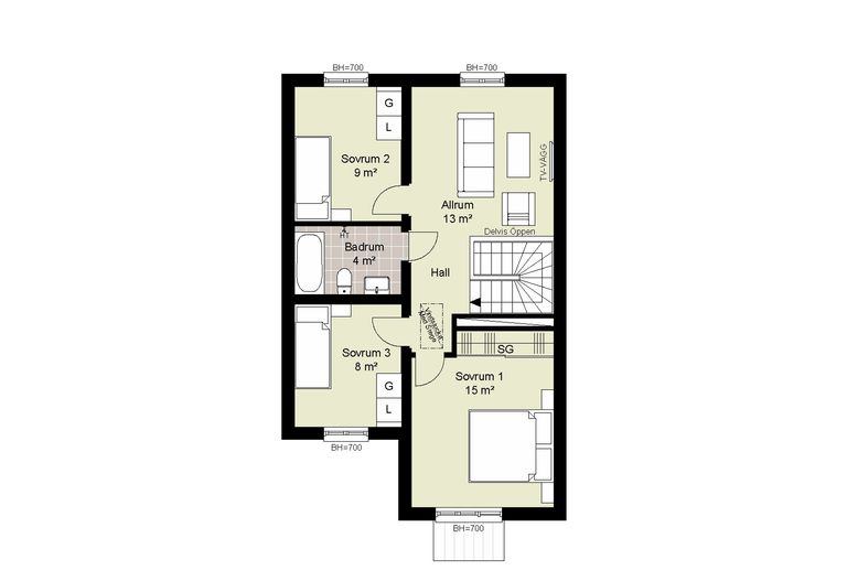 Planlösning med tre sovrum, hall, badrum och vardagsrum. Sovrummen är märkta med storlekarna: 15m², 9m², 8m². Inkluderar trappor .