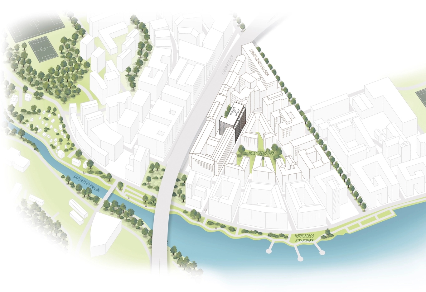 Illustrerad karta över Hornsbergs strand med byggnaden House of Nelly markerad.