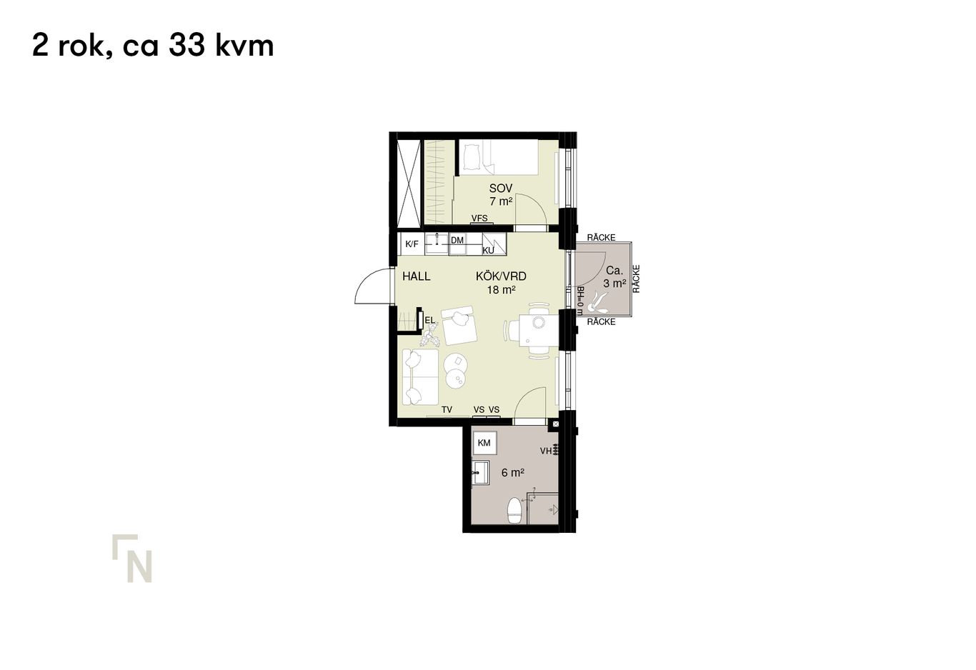 Planlösning för en tvårumslägenhet, cirka 33 kvadratmeter, med sovrum, kök/vardagsrum, badrum och hall.