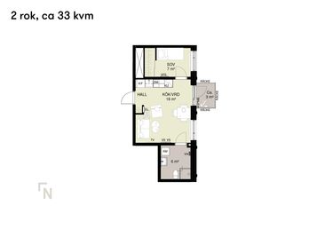 Planlösning för en tvårumslägenhet, cirka 33 kvadratmeter, med sovrum, kök/vardagsrum, badrum och hall.