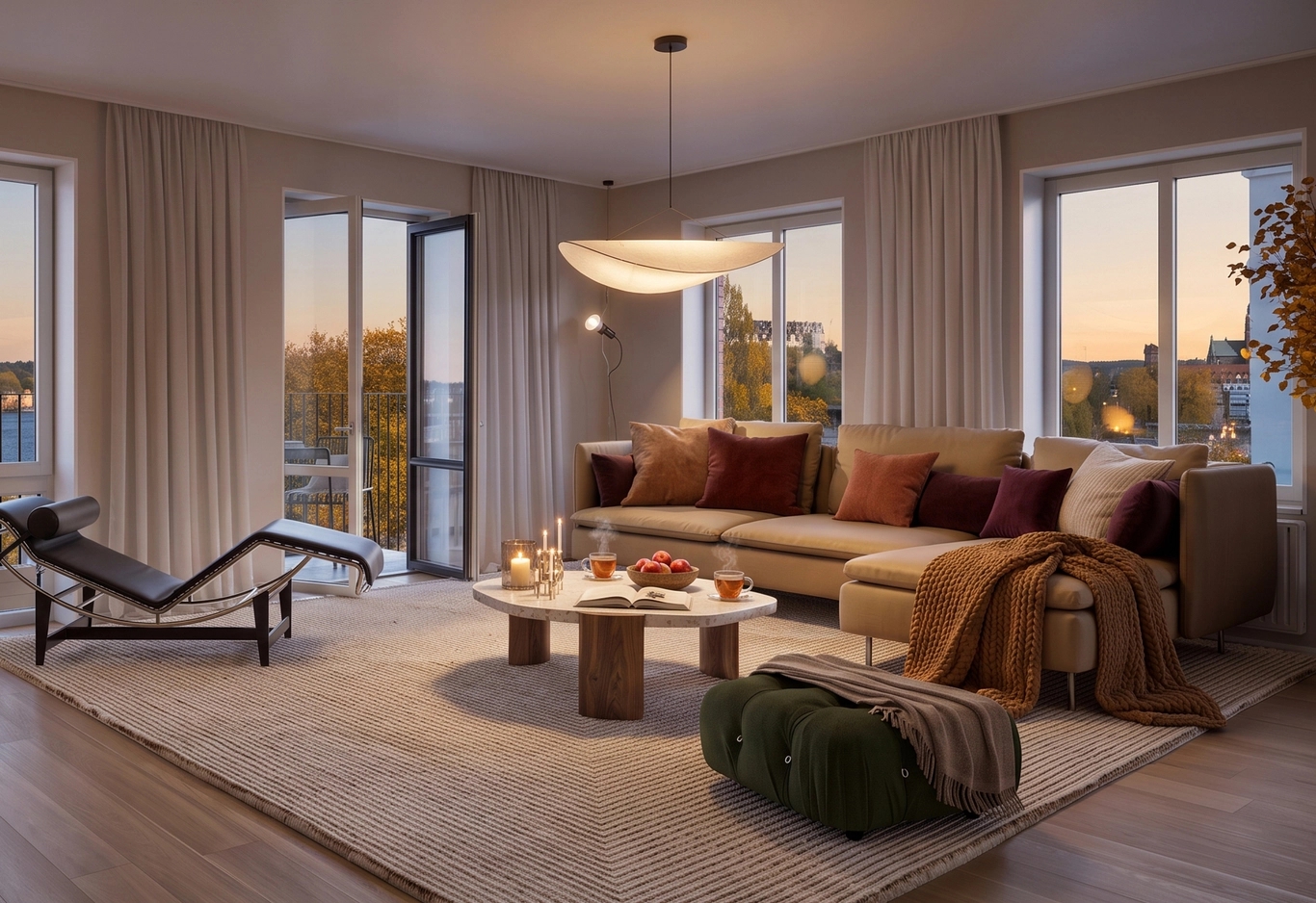 Stilrent vardagsrum i höstfärger. Beige soffa, runt kaffebord, svart schäslong och fönster med höstvy i solnedgång.