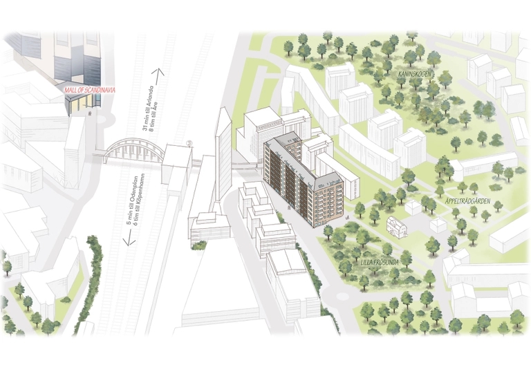 Illustrerad karta som visar Stationshuset och omgivande byggnader, vägar och grönområden.