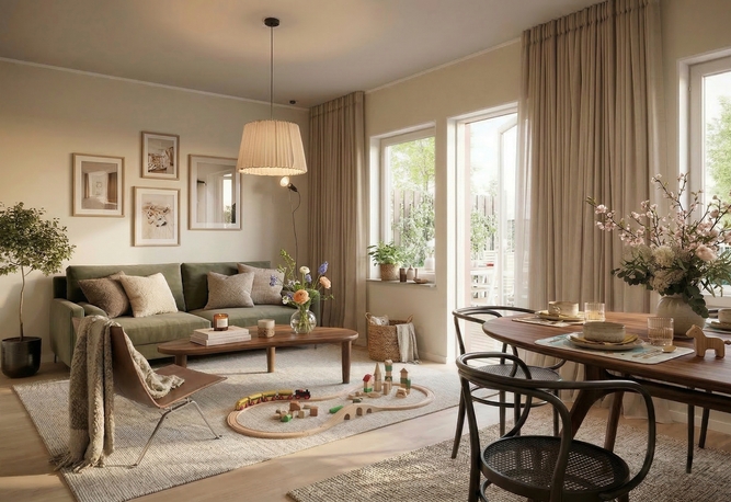 Vardagrumsbild med soffa och matgrupp. Träleksaker på golvet.