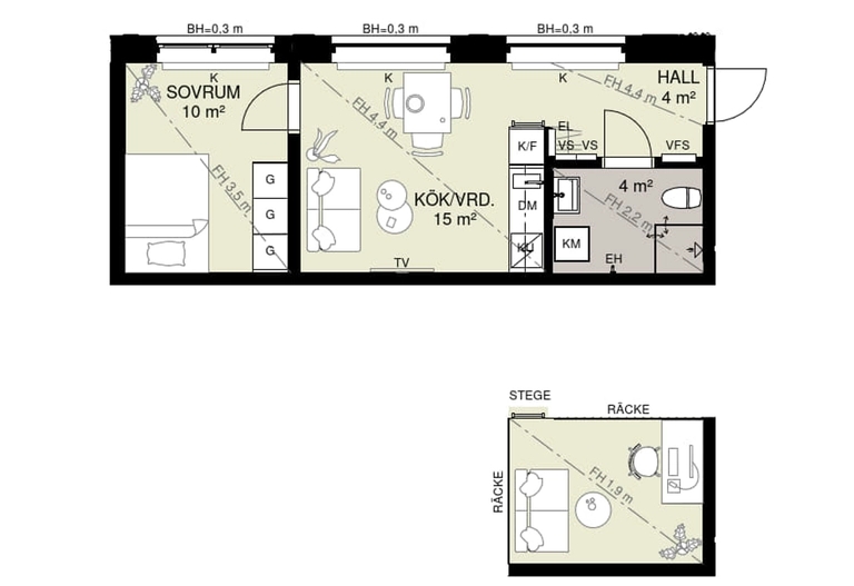 Planlösning för en studiolägenhet i Tegeltornen om 30 kvm + loft.