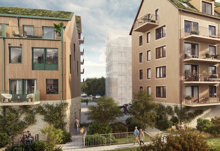 Moderna och klassiska bostadshus med gröna tak och balkonger omger en gångväg med grönska och människor.