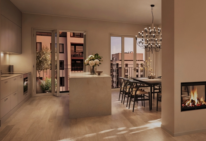 Modernt kök med öppen planlösning och matplats med köksö, ljuskrona, öppen spis och balkong med utsikt över flerfamiljshus.