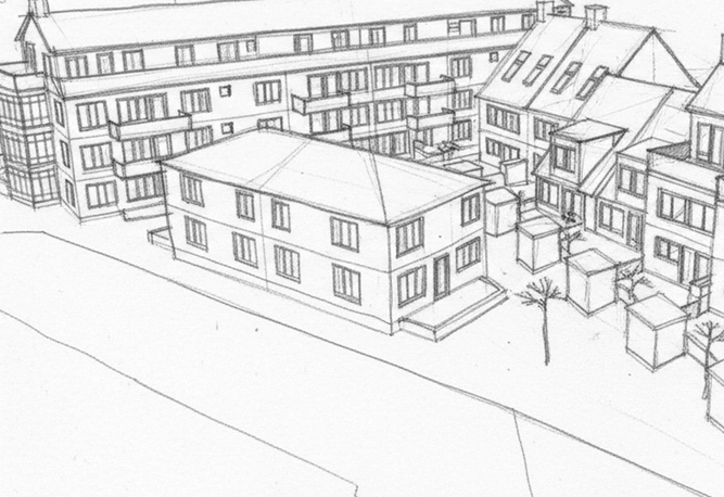 Skiss över ett nytt bostadsområde med olika bostadsbyggnader runt en gård.