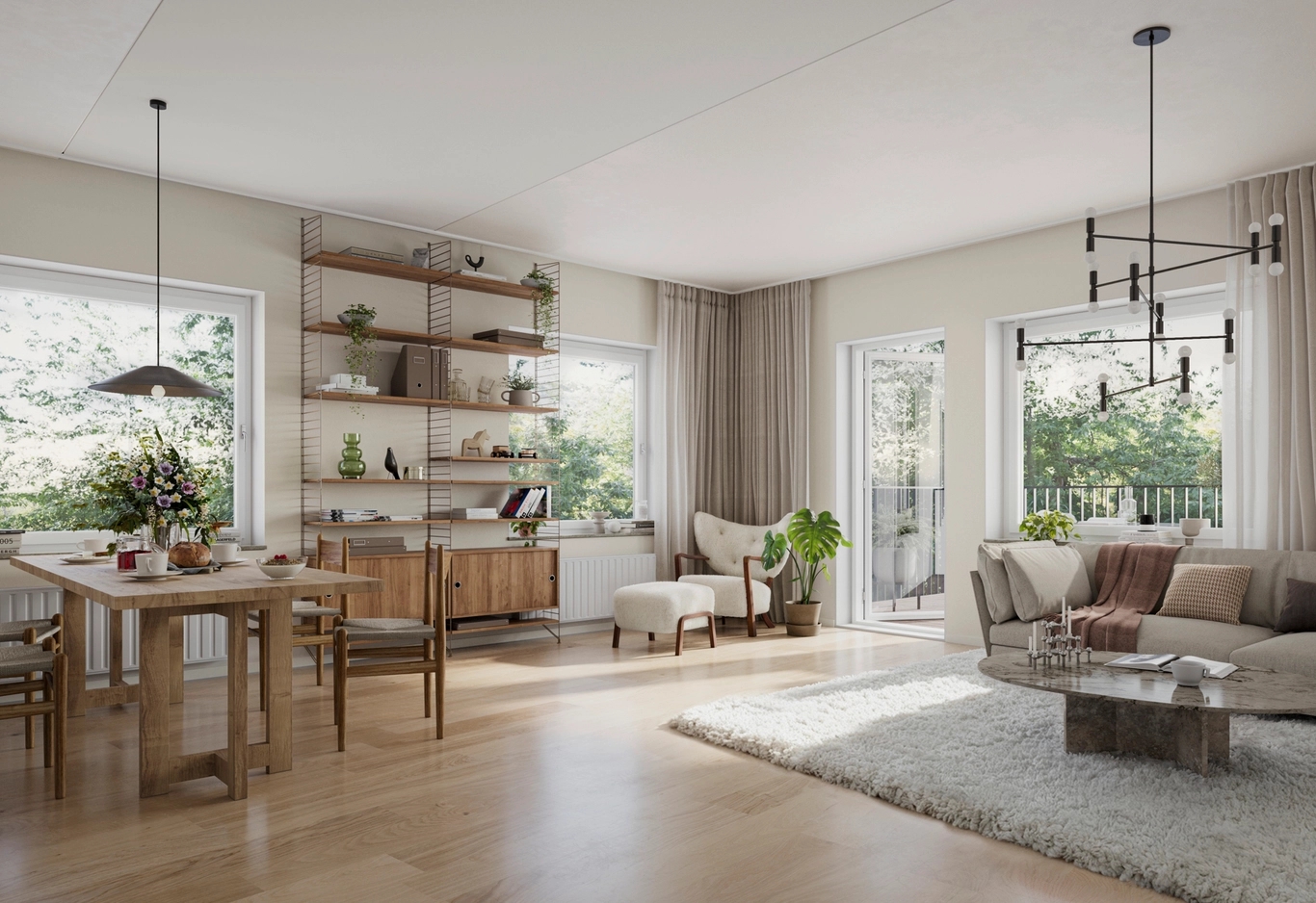 Vardagsrum med extra takhöjd i Podium. Utsikt mot grönska.