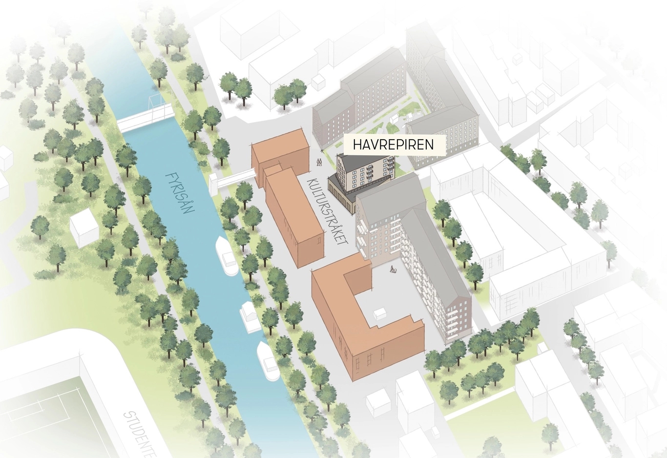 Illustrerad översikt över Skeppskajen och dess intilliggande bostadskvarter. Avståndsangivelser till sevärdheter finns utmärkta.