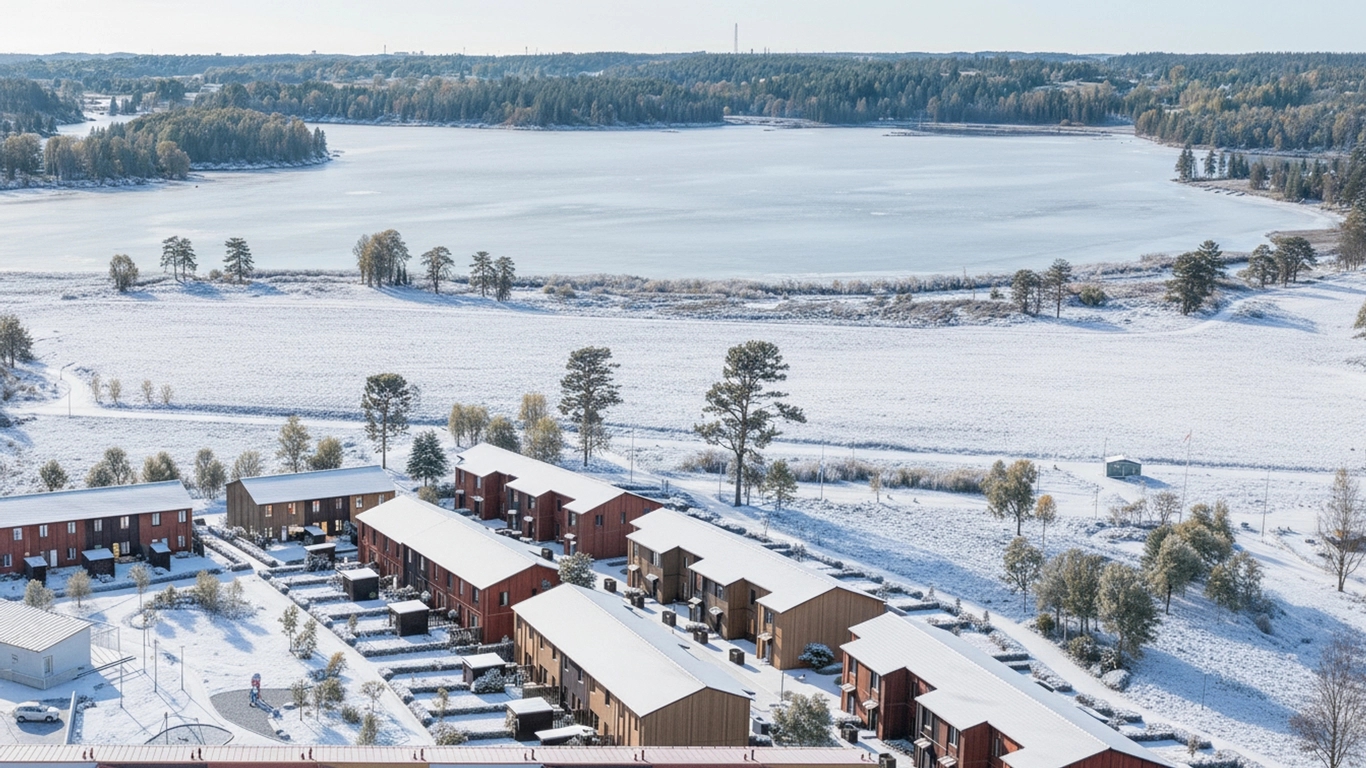 Radhusområde med snö och lekande barn.