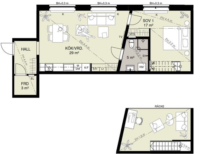 Planritning över en lägenhet i två plan med kök, vardagsrum, sovrum, badrum och förråd.