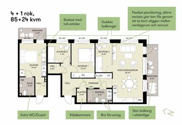 Planlösning på en 4+1 rumslägenhet, 85+24 kvm, med två entréer, två balkonger, extra WC/dusch och gott om förvaring.