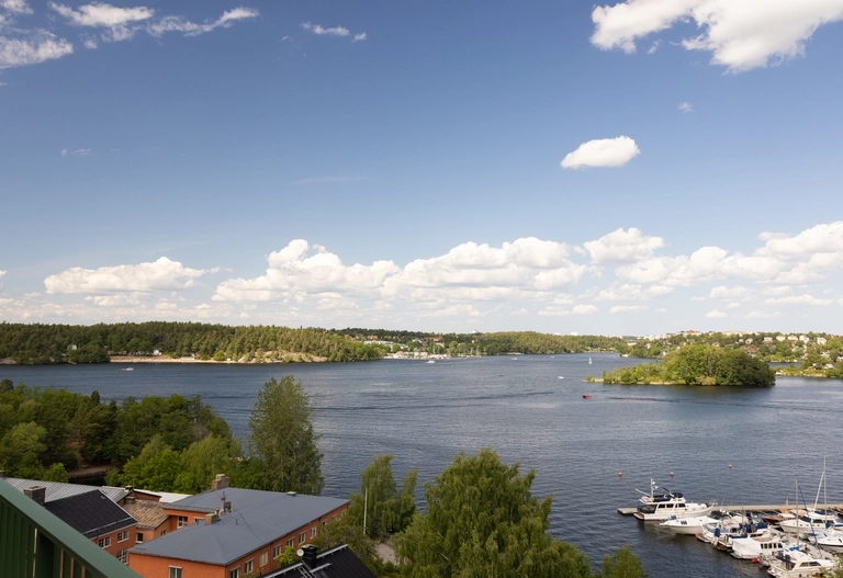 Utsikt över Mälarens lugna vatten med båtar som ligger vid en marina, gröna träd och hus under en delvis molnig himmel.