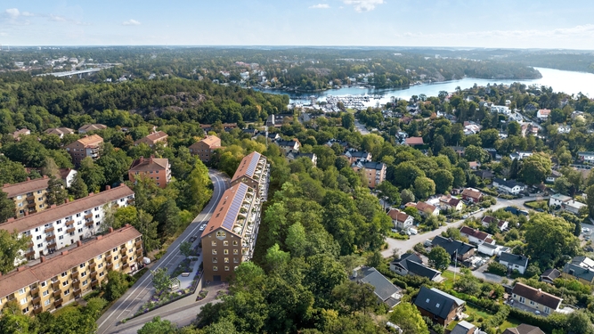 Flygfoto över ett Saltängen med flerfamiljshus, hus, träd och havet i bakgrunden.
