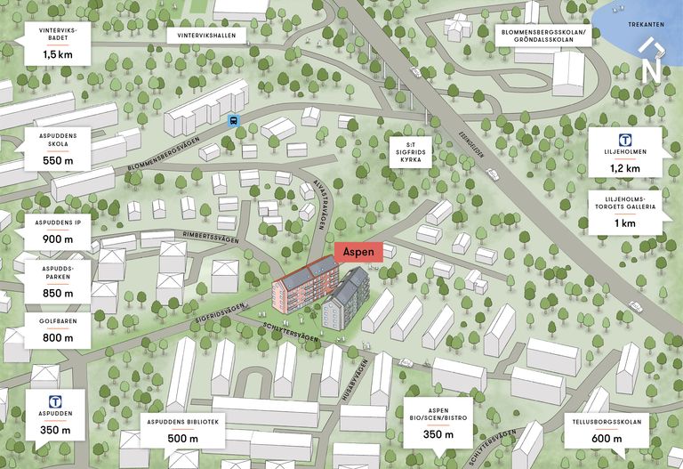 Karta med projektet Aspudden utmärkt
