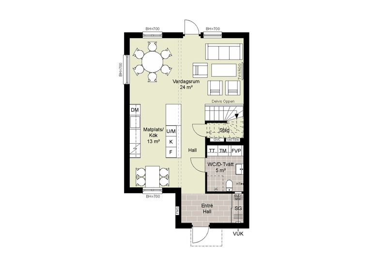 Planritning av ett bostadsområde med märkta områden: vardagsrum, kök/matsal, hall, entré, trappor, förråd och badrum. Inkluderar möbellayout och rumsmått i kvadratmeter.