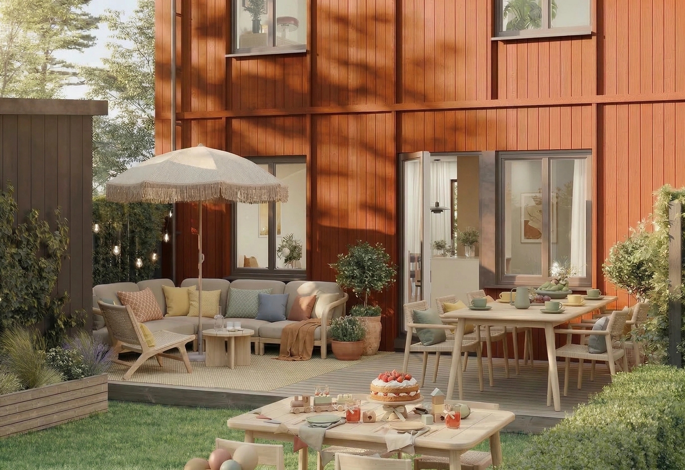 Terrass med uppdukat barnkalas.