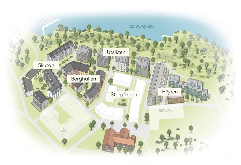 Illustrerad karta över ett bostadsområde med markerade byggnader: Skutan, Berghällen, Utblicken, Storgården och Höjden.