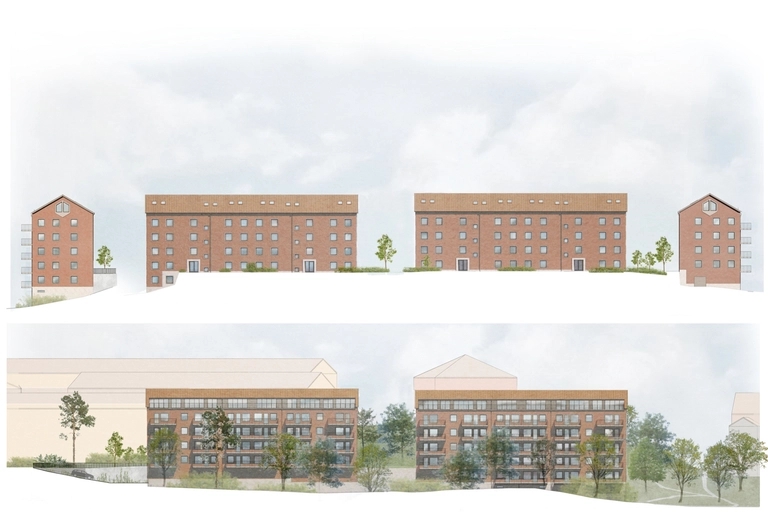 Tecknade fasadritningar över ett flerfamiljshus. 