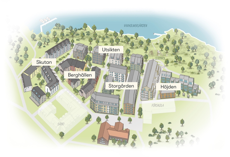 Stiliserad karta över bostadsområde med byggnader Skutan, Berghällen, Utsikten, Storgården, Höjden, intill vatten.