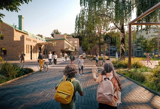 Visionsbild med 3D-modell över Slakthusområdet österut med parken Fållan/Stockholms stad/Robert Niziolek/White arkitekter