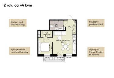 Planlösning 2 rok 44 kvm