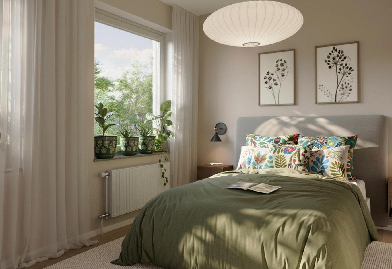 Sovrum med säng, sängbord och gardiner. Krukor i fönstret.