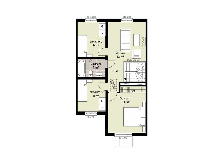 Planlösning som visar tre rum, badrum, hall och trappor. Rummen är märkta med dimensioner: Sovrum 1 (15 m²), Sovrum 2 (9 m²), Sovrum 3 (9 m²), Allrum (13 m²) och Badrum (4 m²).