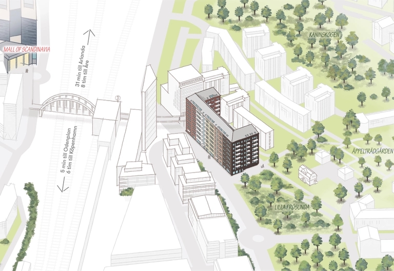 Illustrerad karta som visar Stationshuset och omgivande byggnader, vägar och grönområden.