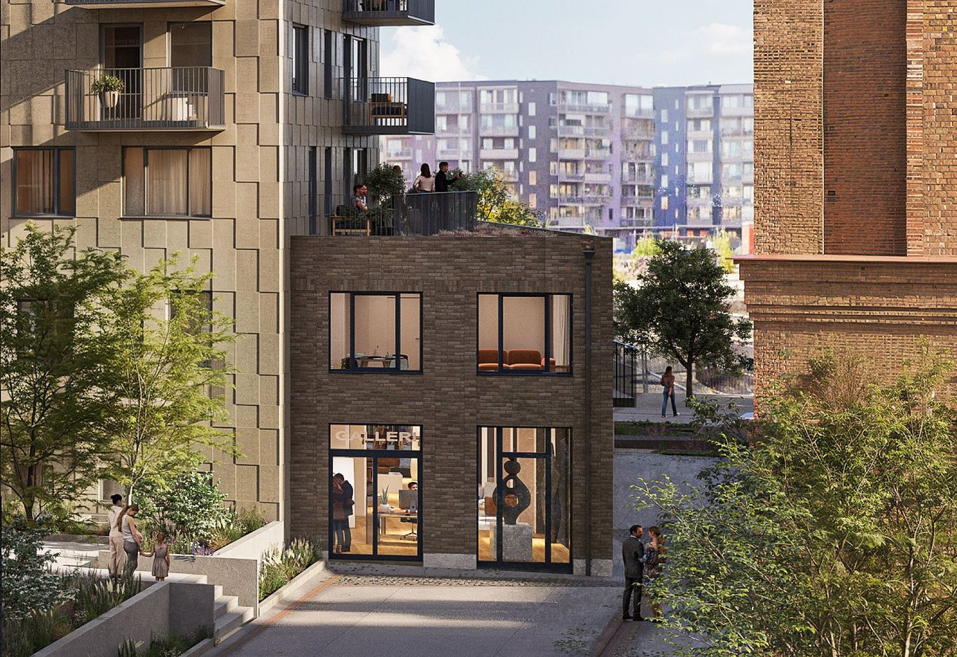 Urban scen med modern tegelbyggnad, träd och människor som går i närheten, 3D-rendering av Havrepiren