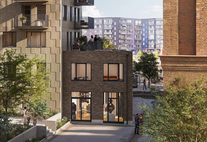 Urban scen med modern tegelbyggnad, träd och människor som går i närheten, 3D-rendering av Havrepiren