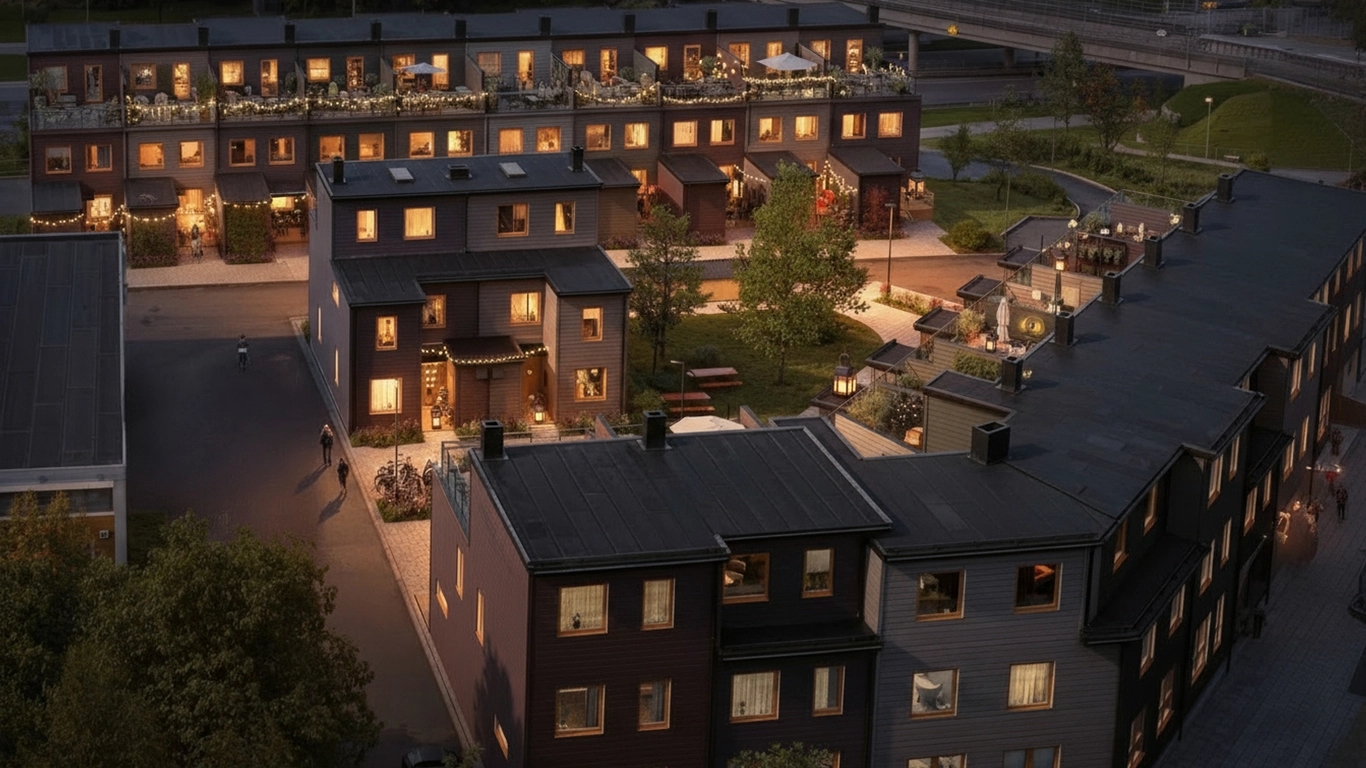 Radhusområde på kvällen med tända lampor i fönstren och ljusslingor på balkongerna.