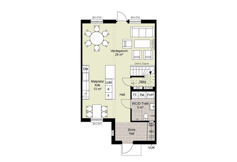 Bottenplan som visar hall, kök, matplats, vardagsrum, WC och trappor. Funktioner märkta med mått i kvadratmeter.