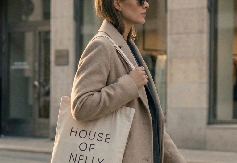 Kvinna i beige kappa och solglasögon går ut och bär en tygkasse med texten "HOUSE OF NELLY".