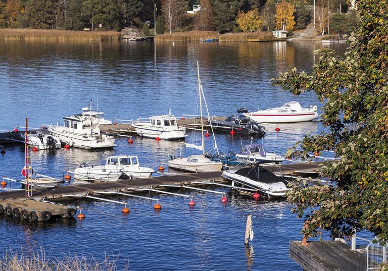 Små motorbåtar och yachter ligger förtöjda vid en träbrygga vid en lugn sjö, med träd och höstlövverk i bakgrunden.
