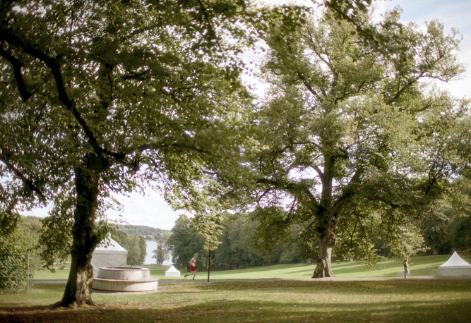 Bild från Hagaparken med stora träd, ett litet monument och vita tält i fjärran under en delvis molnig himmel.