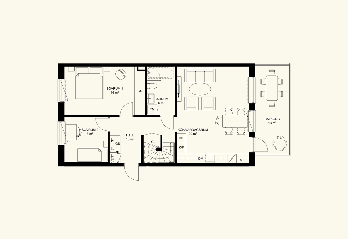 Svartvit planlösning med två sovrum, ett badrum, kök, vardagsrum och balkong.