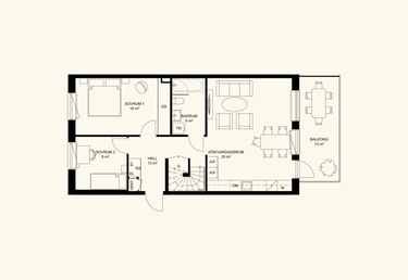 Svartvit planlösning med två sovrum, ett badrum, kök, vardagsrum och balkong.