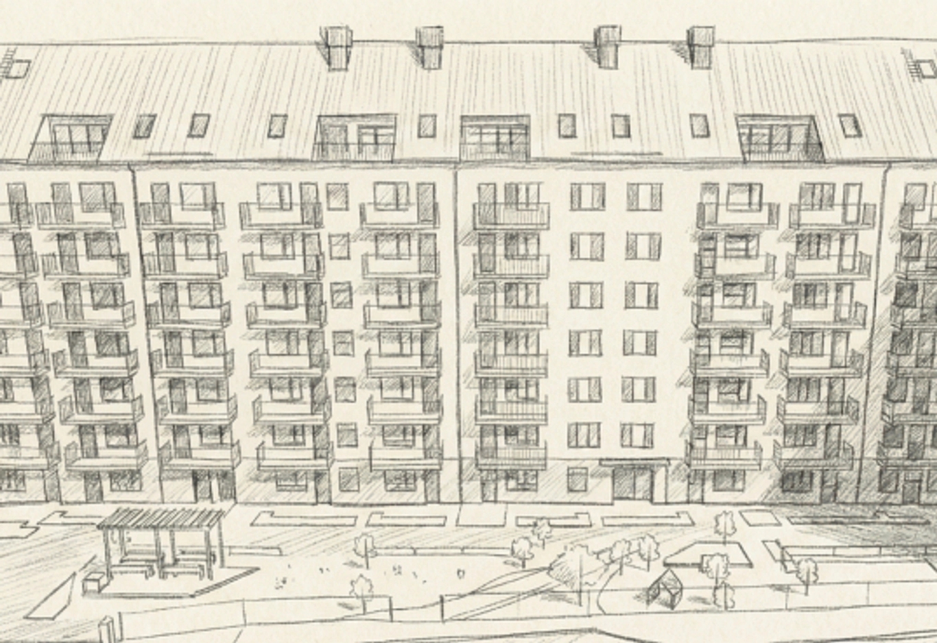 Skiss av ett flervåningshus med balkonger er och en innegård med pergola.