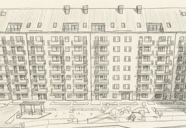 Skiss av ett flervåningshus med balkonger er och en innegård med pergola.