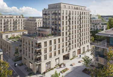 Stora fransyskan exteriör med tegelfasad, takterrasser och balkonger. Gemensam takterrass med pergola.