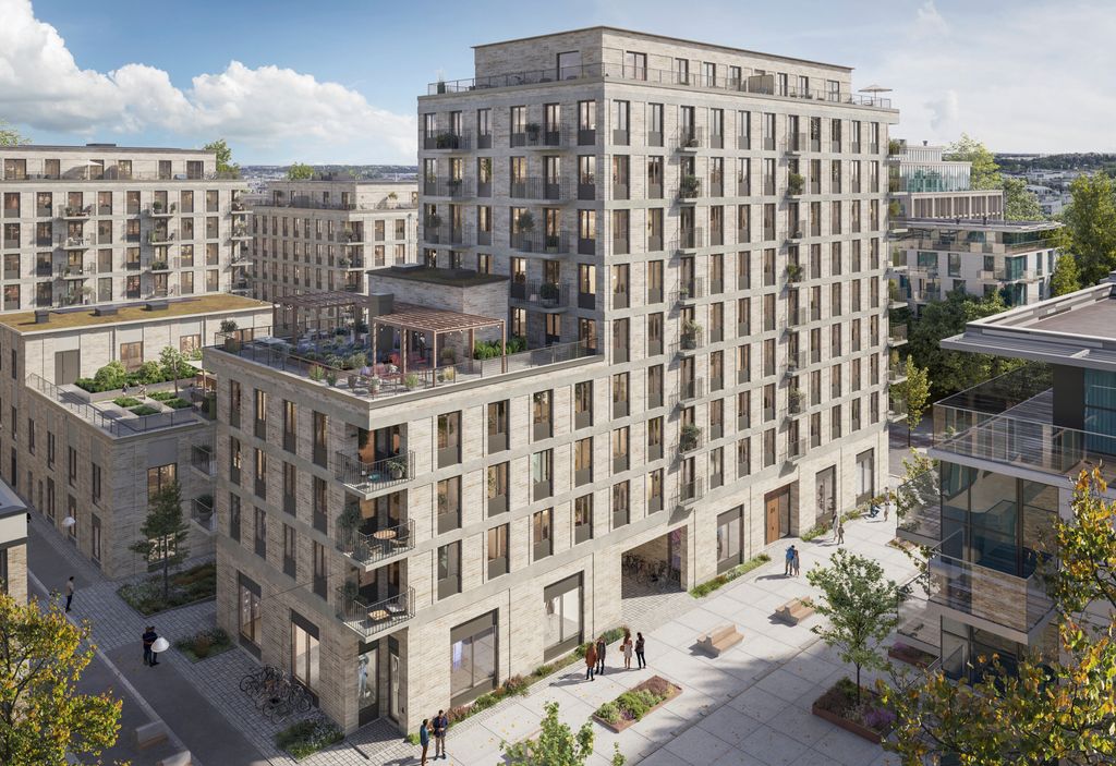 Stora fransyskan exteriör med tegelfasad, takterrasser och balkonger. Gemensam takterrass med pergola.