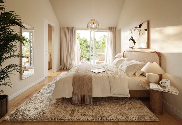 Ett modernt sovrum med en stor säng, neutrala toner, en matta, en krukväxt och solljus som flödar in genom glasdörrar.