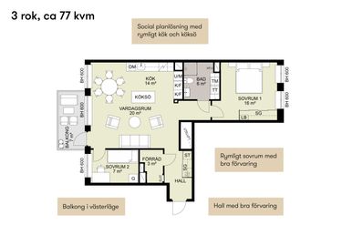 Planlösning 3 rok 77 kvm