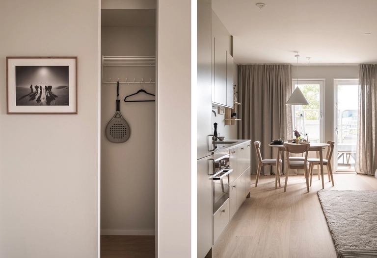 Ihopsatt kollage av två bilder där hall och kök syns.