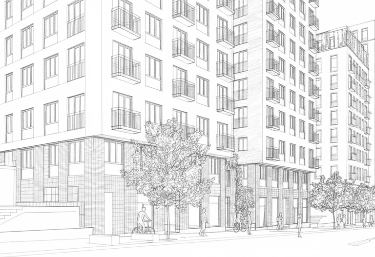 Svartvit arkitektonisk skiss av ett flervåningshus med träd och människor på trottoaren.