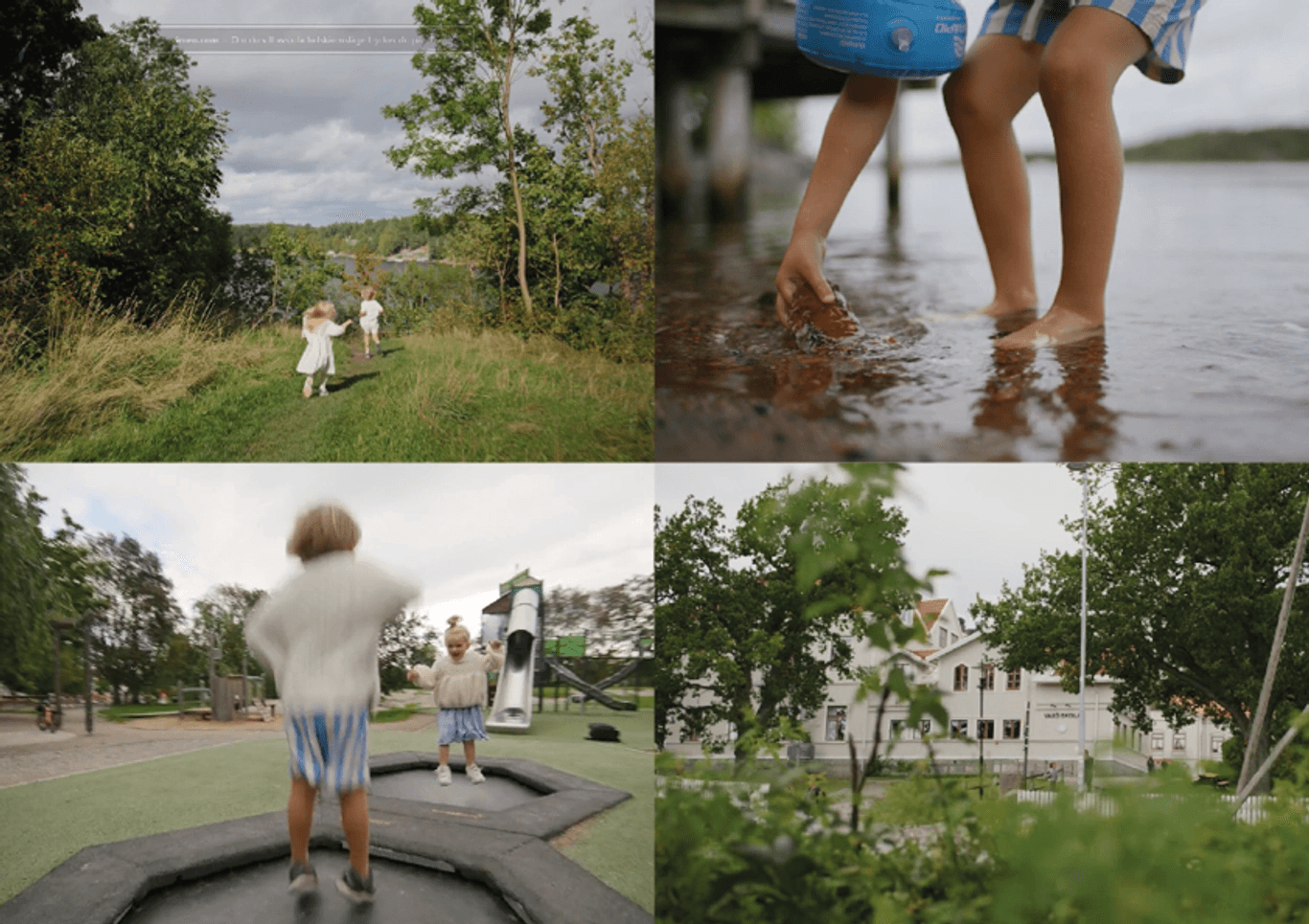 Fyra barn står på knä på en stand up paddle board ute på blått vatten