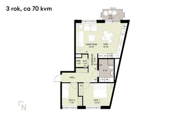 Planlösning som visar en trerummare, cirka 70 kvadratmeter stor lägenhet, inklusive kök, vardagsrum, hall, två sovrum, badrum och balkong.