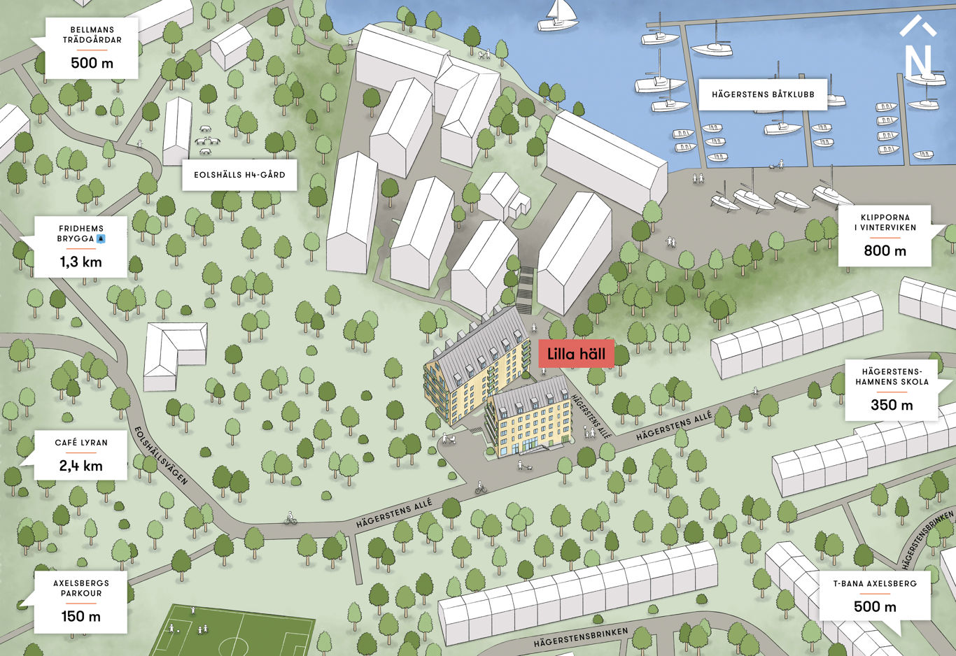Illustration av närområdet kring projektet Lilla häll med avståndsangivlelser till intilliggande nöjen och kommunikationer